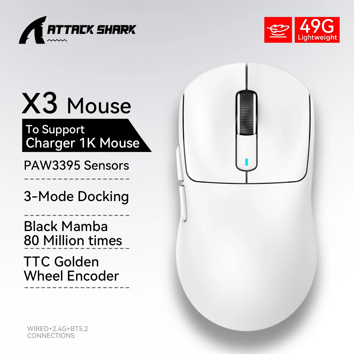 Attack Shark X3 PAW3395 Bluetooth Macro Gaming Mouse , Tri-Mode Connection, 26000dpi, 650IPS, Lightweight Mouse
