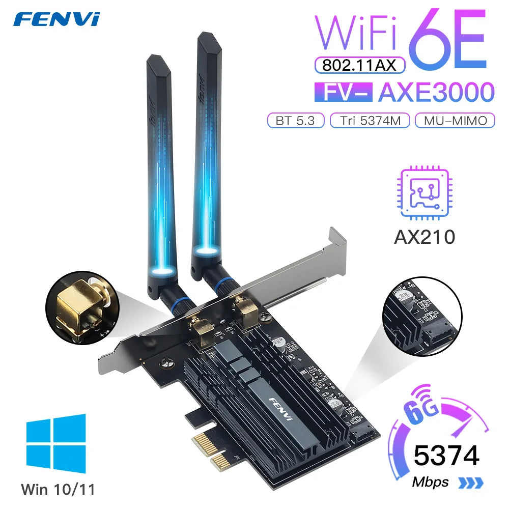 FENVI 5374Mbps WiFi 6E AX210 For Bluetooth 5.3 Tri-Band 2.4G/5G/6Ghz Wireless PCIe WiFi Adapter 802.11AX WiFi 6 Card PC Win10/11