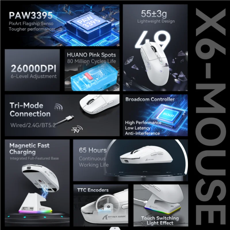 ATTACK SHARK X6 Mouse,PAW3395 Bluetooth Tri-Mode Connection,RGB Touch Magnetic Charging Base,Macro Gaming Mouse