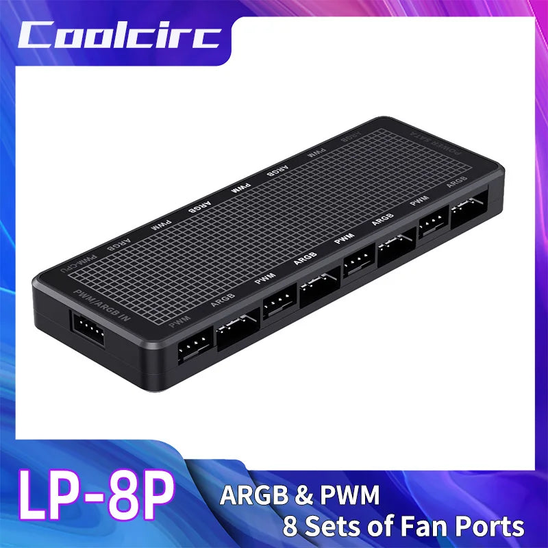 COOLCIRC 1 to 8 ARGB & PWM 2-in-1 Hub Magnetic Suction Splitter Support SATA Power 3Pin/4Pin Fan Controller for PC Case Fans