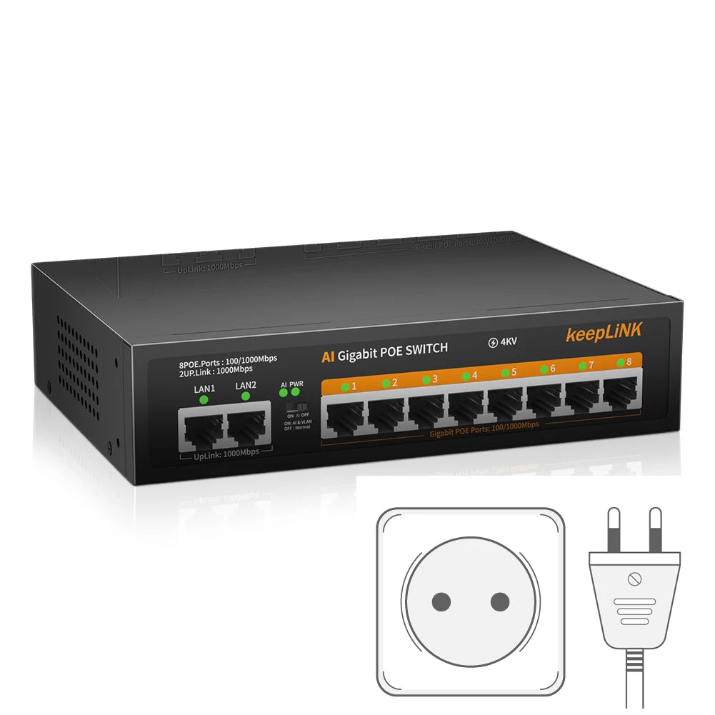 KeepLiNK 10-Port Gigabit Switch with 8-PoE and 2-RJ45 for Uplink Unmanaged Plug and Play