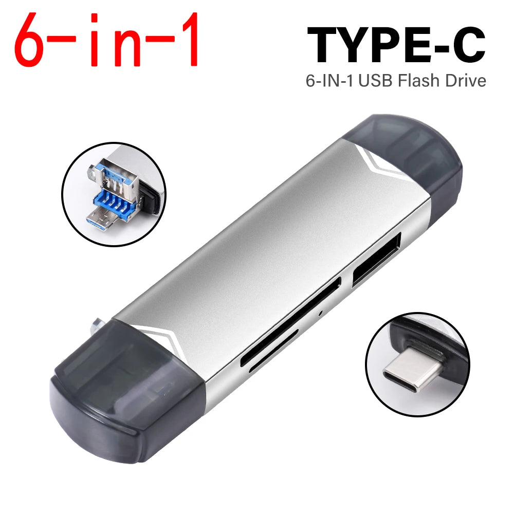 JASTER 6 In 1 Multifunction USB 3.0 Card Reader U Disk TYPE-C/Usb/Tf/Sd Flash Drive Memory Card for Adapter Phone Laptop Compute