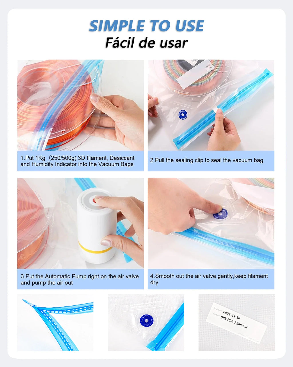 3D Printer Filament Vacuum Bag with USB Rechargeable Electric Air Pump, Vacuum Sealing for PLA ABS PETG Filament Storage