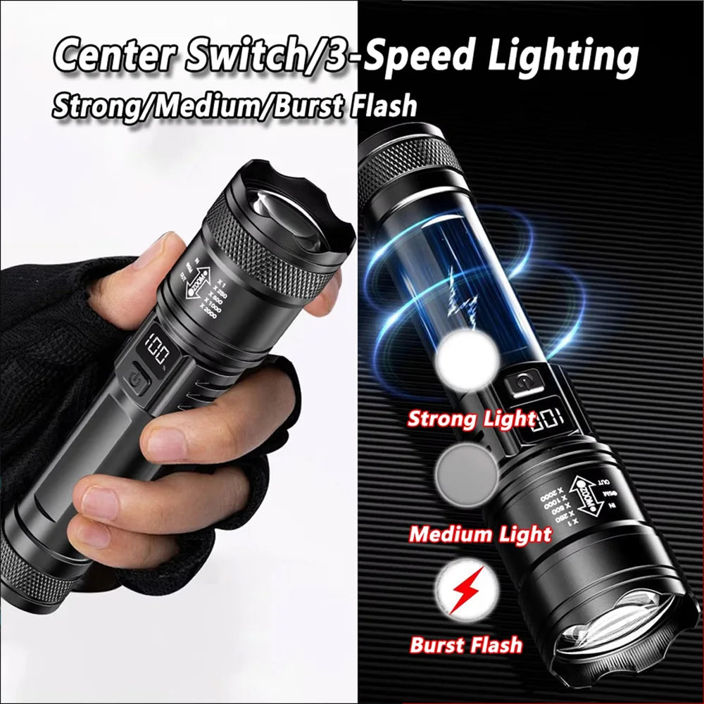 High Power Self Defense LED Flashlights USB Rechargeable Strong Hand Light Multifunctional Torch Lamp For Emergency Camping