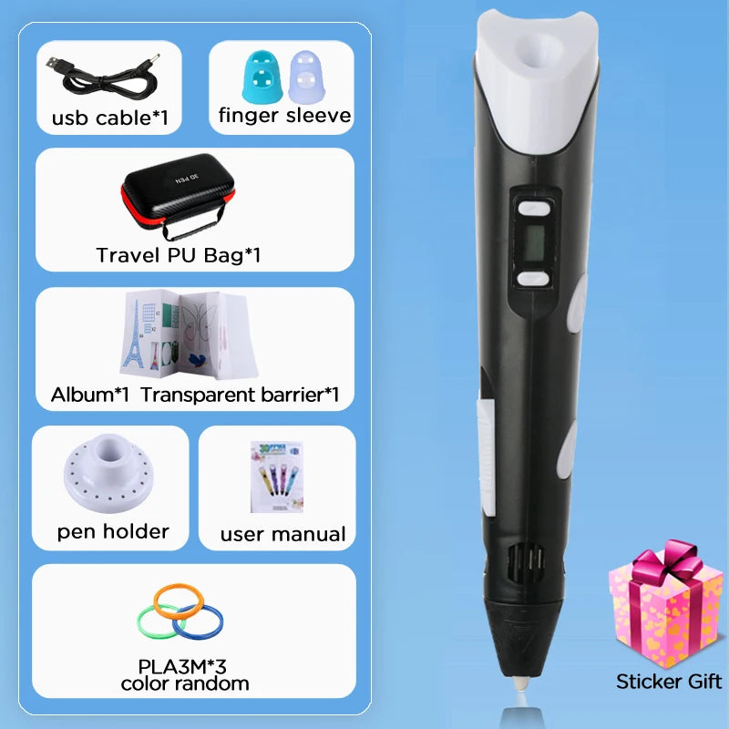 Kids 3D Printing Pen With LCD Screen & Stickers Compatible PLA Filament Safe With 9M PLA Girls Boys Birthday Gift Toys Print Pen