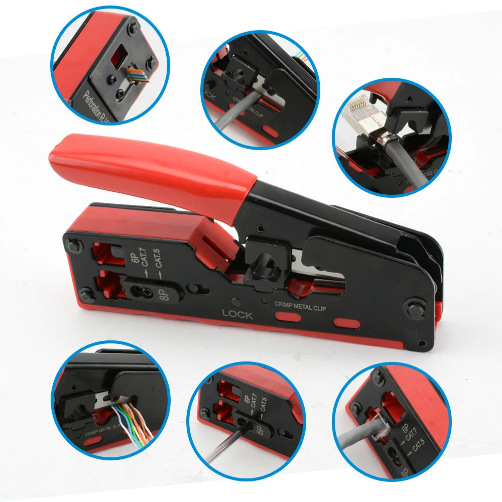 Cat7 RJ45 Crimp Tool compatible for Cat7/6a/6/5e Ethernet Cable with Cut/Strip Multi-function crimper With Spare blades