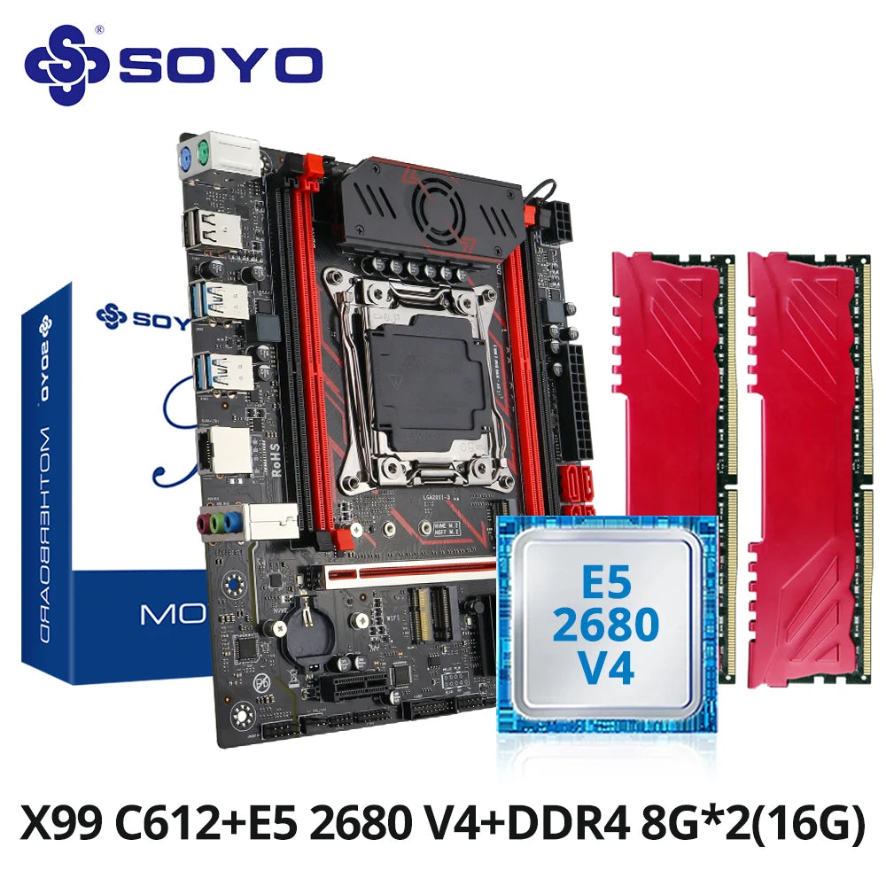 SOYO X99 Gaming Motherboard Set C612 Chipset TPM2.0 Pin with E5 2680 V4 CPU & DDR4 16G (2*8G) 2133MHz RAM PCIE3.0 for Desktop PC