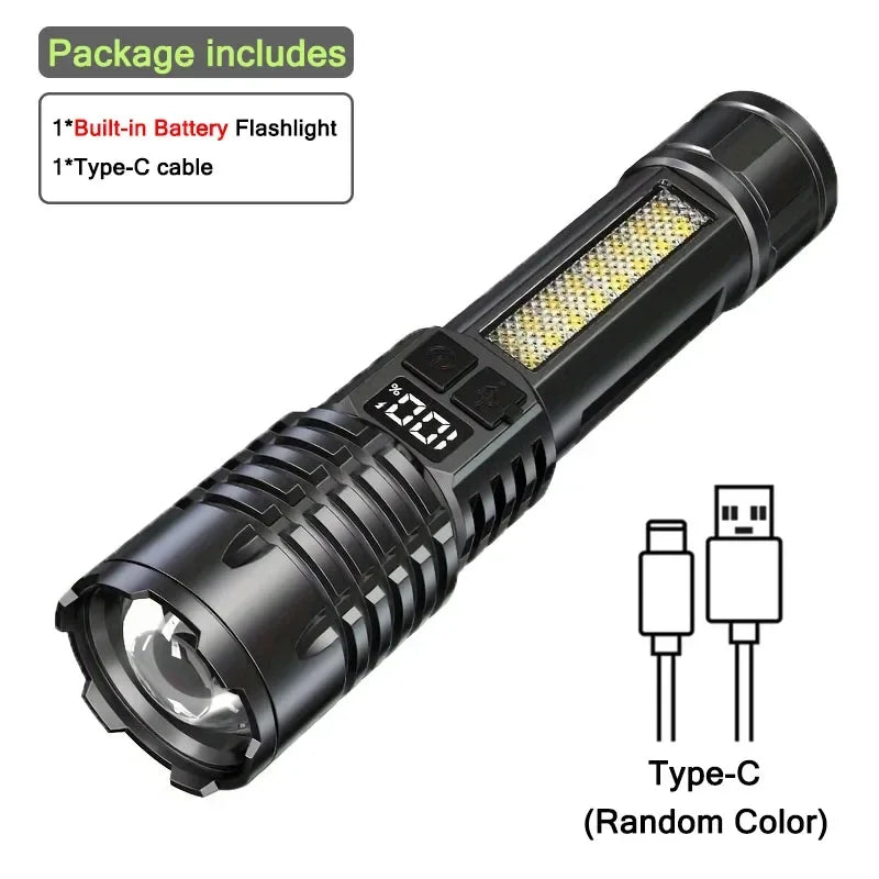 Heinast High Power LED Flashlight Powerful TYPE-C Rechargeable COB Flashlight With Side Light Torch For Outdoor Camping Hiking
