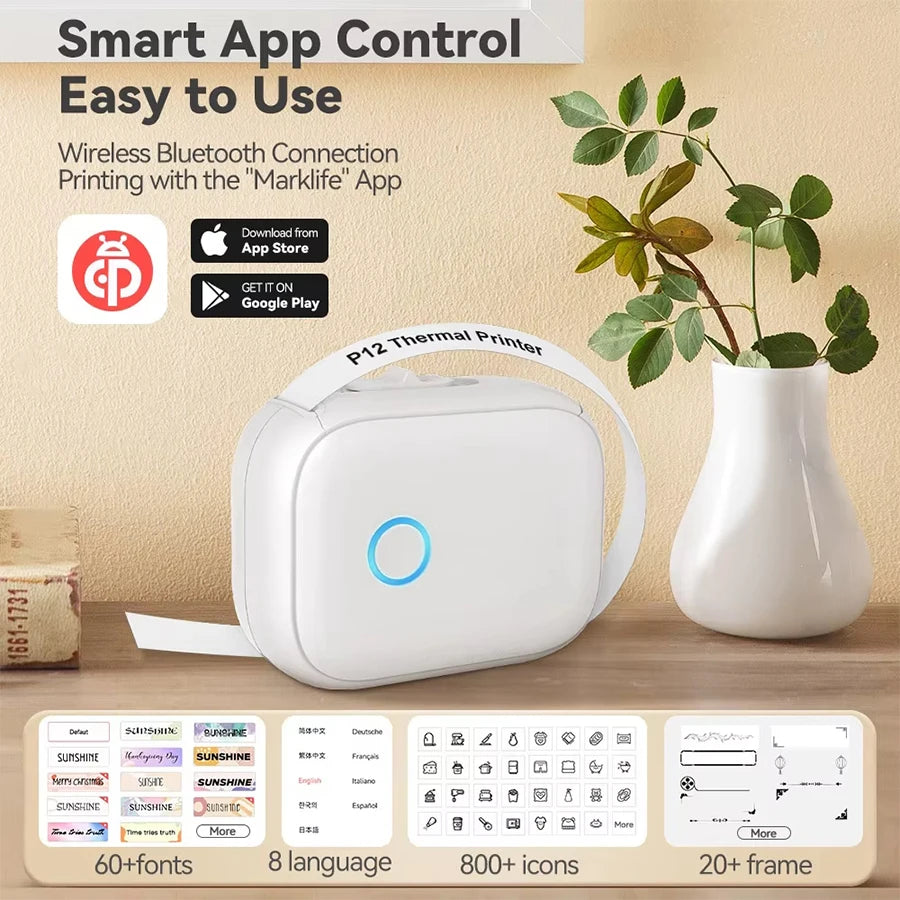 Marklife P12 Portable Mini Printer Auto Cut Labeling Machine Wireless Bluetooth Label Maker Similar As D11 D110 D101 Home/Office