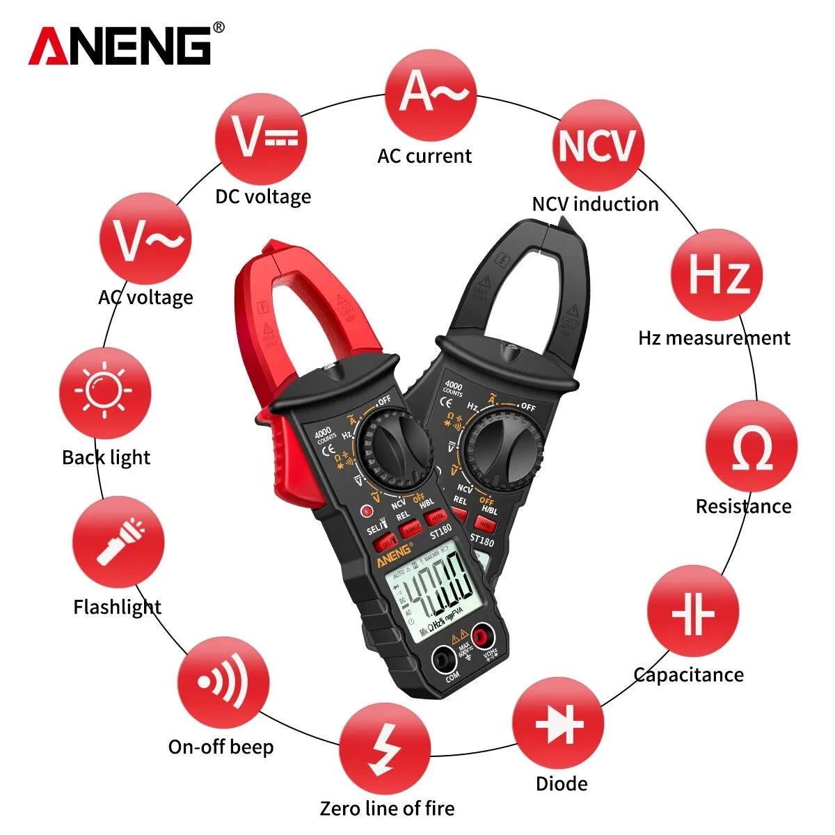 ANENG ST180 AC Current Clamp Meter  Digital 4000 Counts Multimeter Ammeter Voltage Tester Car Amp Hz Capacitance NCV Ohm Tool
