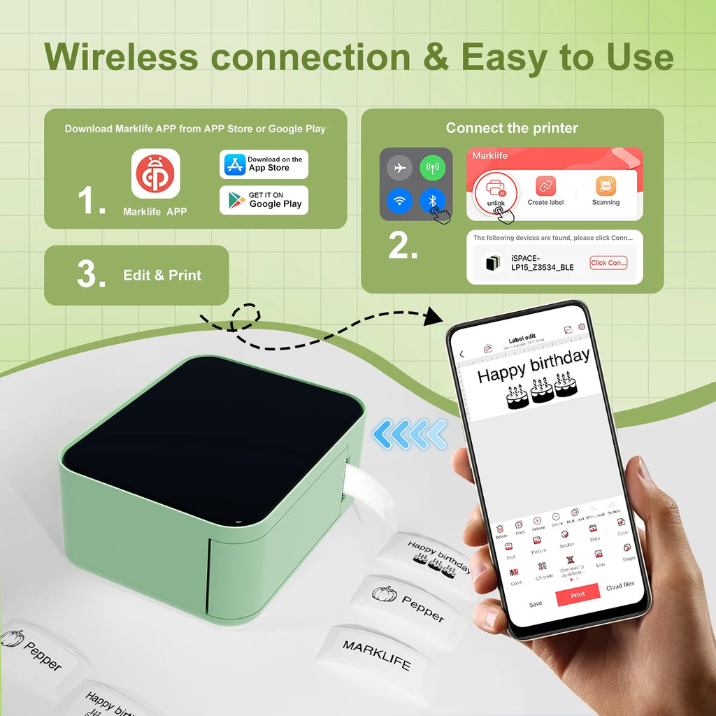 Marklife P15 Thermal Label Printer Similar as D11 D110 D101 Labeling Machine Wireless Bluetooth Label Maker With Label Sticker