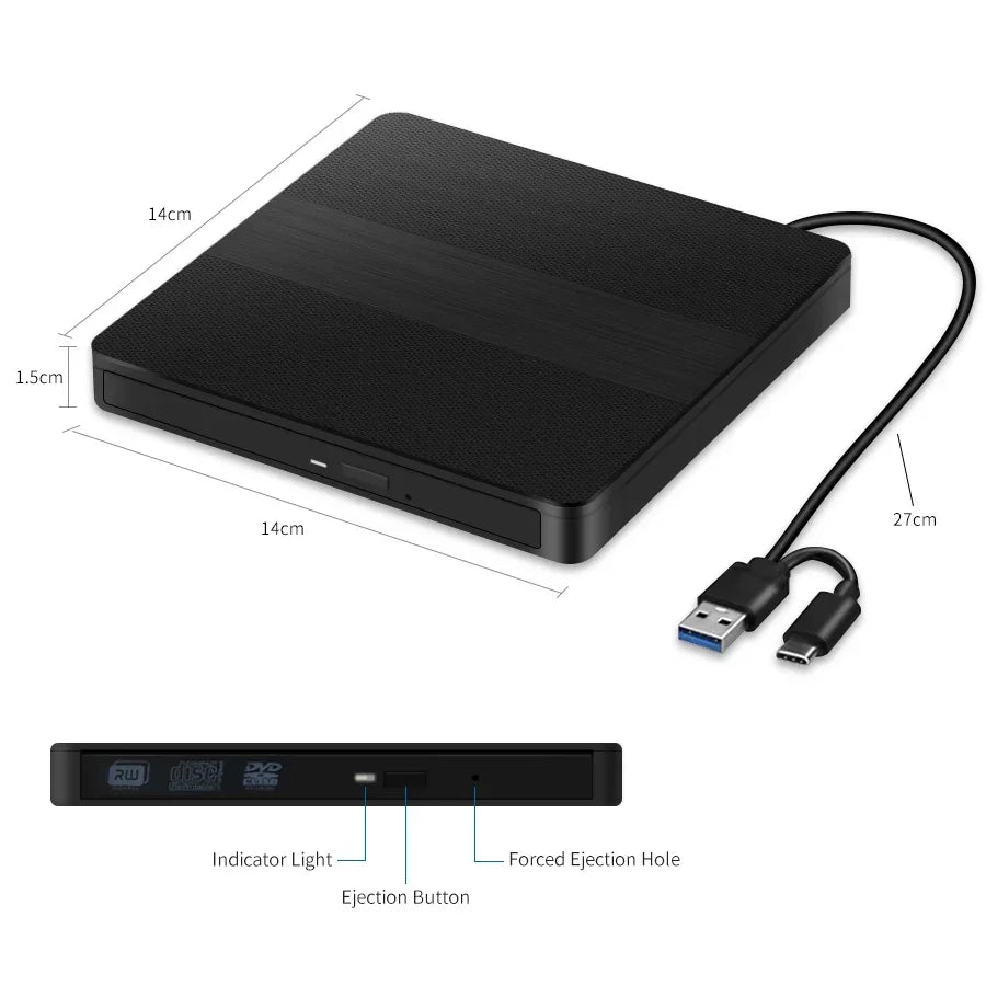 2-in-1 USB3.0 Type-C External DVD RW CD Writer Drive Burner Reader Player CD-ROM DVD-ROM Optical Drives For Laptop Desktop PC