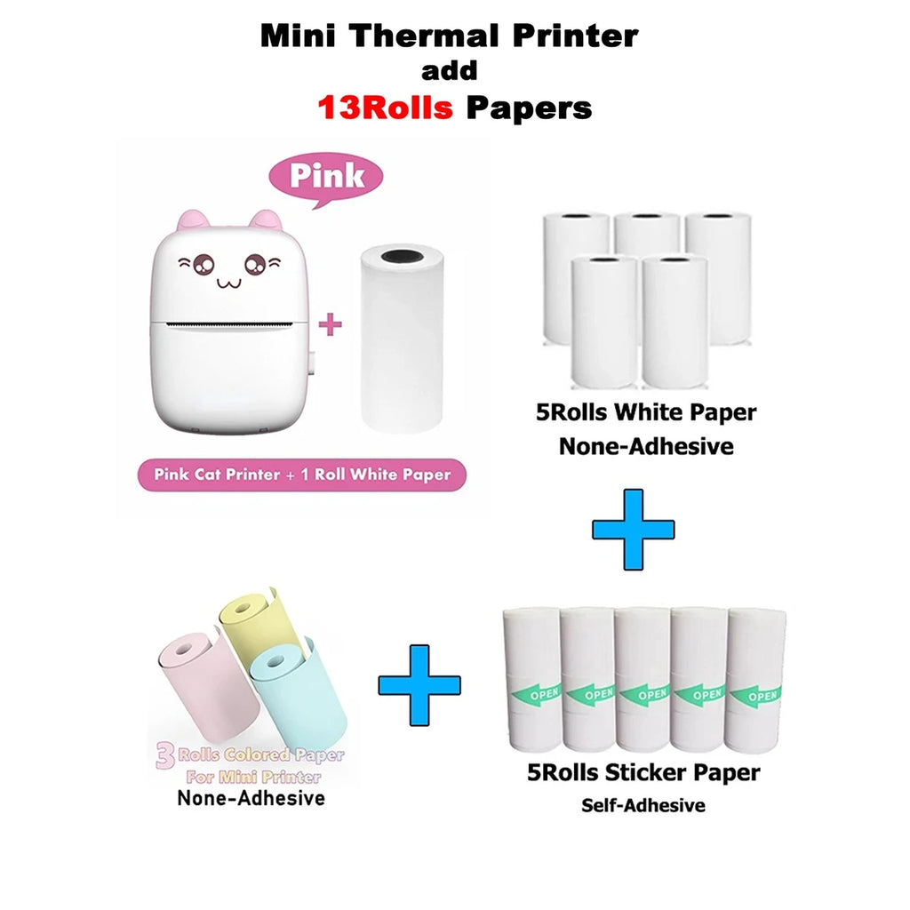 Portable Mini Thermal Printer with 13 Rolls Papers Wireless For paperang Photo Label No Ink Print Memo Wrong Question Printing
