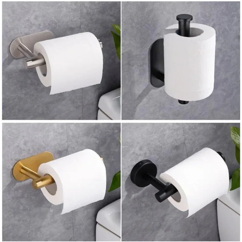 Stainless Steel Paper Holder No-drill Towel Bar Holder Self-Adhesive Toliet Paper Holder Robe Hook Bathroom Hardware Accessories
