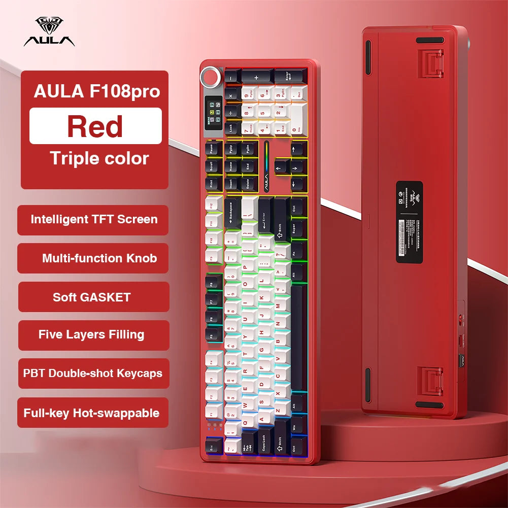 AULA F108pro Wireless Bluetooth Keyboard Macro Gaming keyboard Gasket Hot-swap Full Size Keyboard with TFT Smart Display