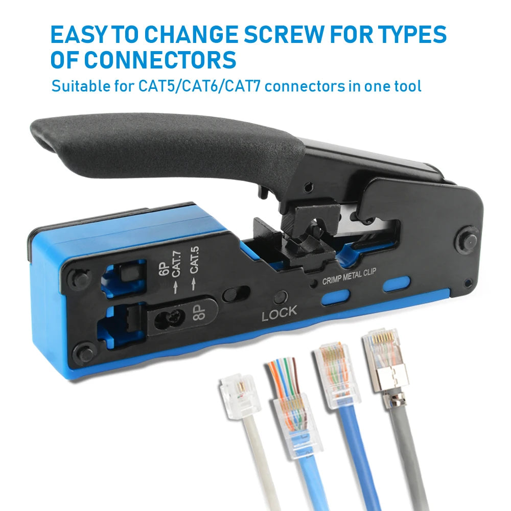 RJ45 Crimp Plier Pass Through Crimper Stripper Cutter for Cat7 Cat6 Cat5e 8P8C Modular Connector Ethernet All-in-one Wire Tool