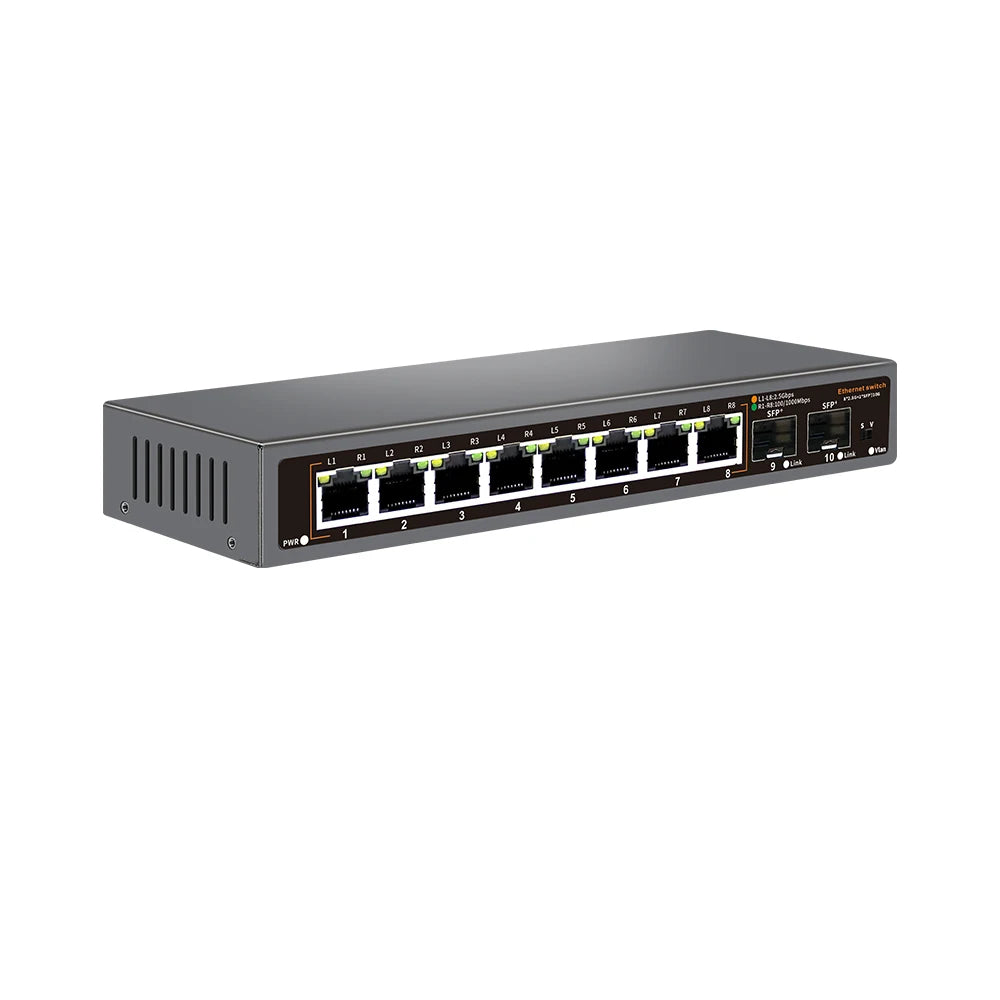 Bullscom 10-Port Network Switch | 8 x 2.5Gb Ethernet + 2 x 10Gb SFP+ | Unmanaged | Plug & Play | High-Speed Connectivity