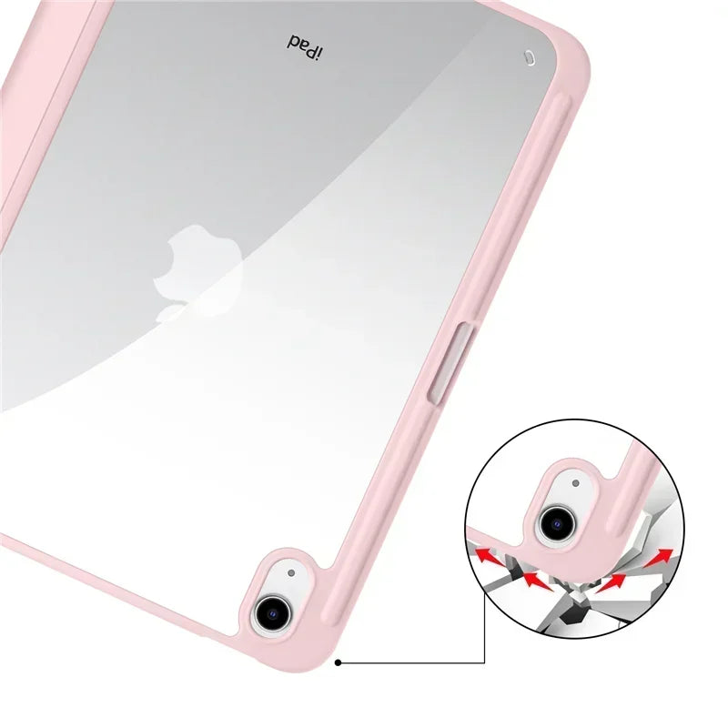 For iPad 10th Gen Case with Pen Holder Trifold Acrylic Clear Back Hard Cover For iPad 10.2 9.7 Air 5 11 iPad 10 9 11th A16 Case