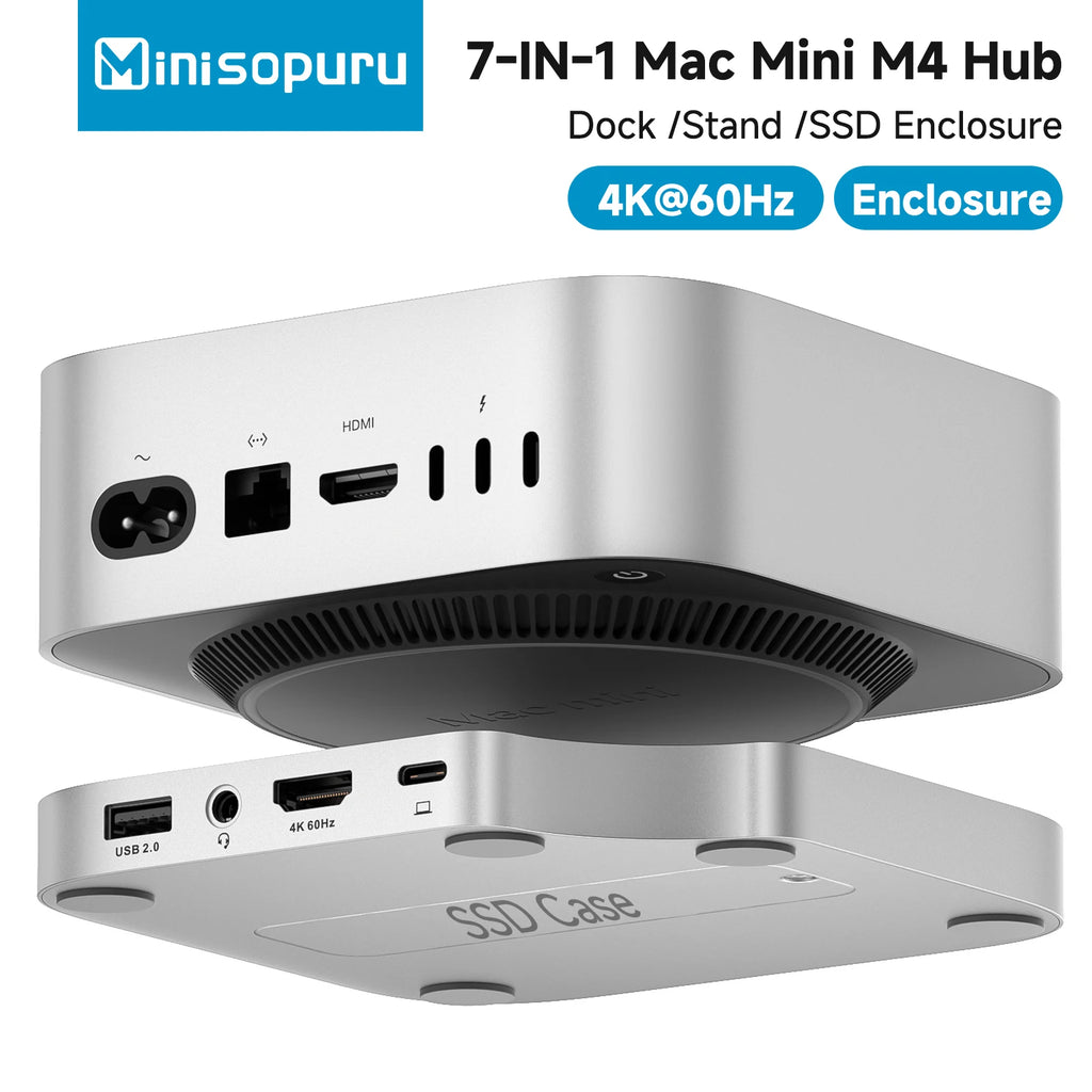 Minisopuru Mac Mini M4 Hub Dock Stand With M.2 SSD Enclosure 4K60Hz HDMI SD/TF USB C HUB Docking Station for Mac Mini M4/M4 Pro