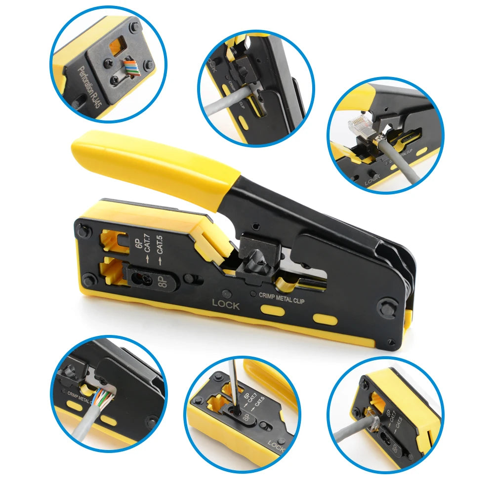 Rj45 Rj12 Rj11 Pass Through Crimp Plier Cat7 Cat6 Cat6A Cat5 Cat5e Stripping Crimping Tool with 8P/6P Ethernet Connectors