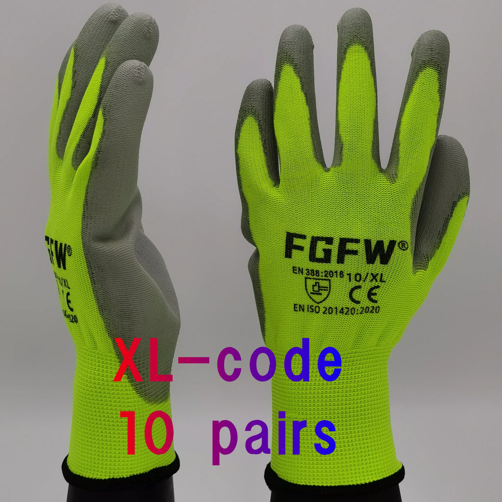 10 Pairs PU Coated Work Gloves - Lightweight, Durable Safety Gloves EN 388/ISO20471 Certified, Sizes S/M/L/XL