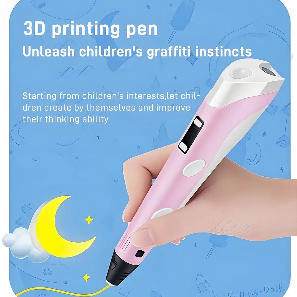 Kids 3D Printing Pen With LCD Screen & Stickers Compatible PLA Filament Safe With 9M PLA Girls Boys Birthday Gift Toys Print Pen