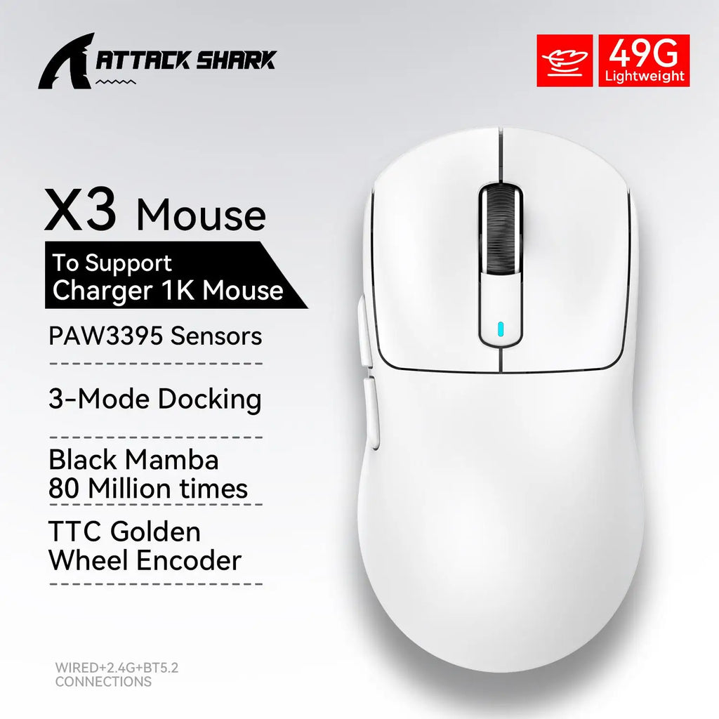ATTACK SHARK X3 Lightweight Mouse Wireless Bluetooth Tri-Mode Connection,PAW3395,Macro Bluetooth Mouse for Gaming