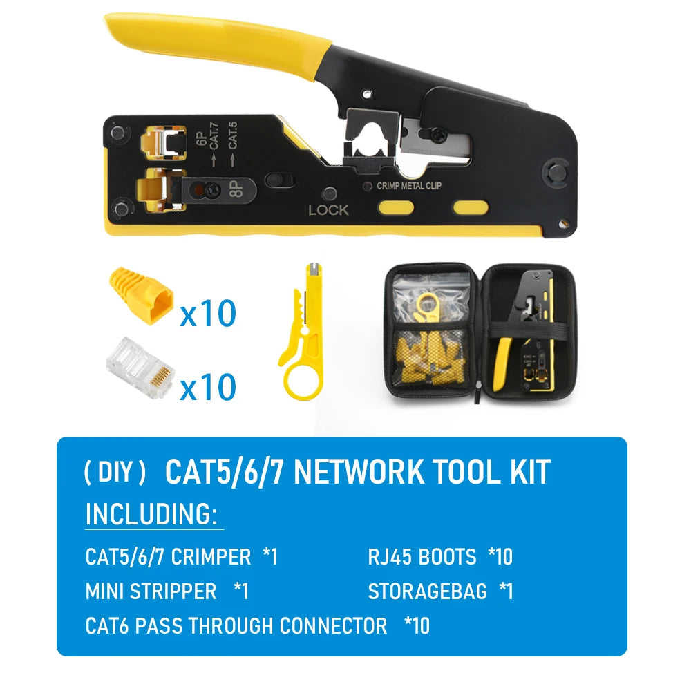 Rj45 Rj12 Rj11 Pass Through Crimp Plier Cat7 Cat6 Cat6A Cat5 Cat5e Stripping Crimping Tool with 8P/6P Ethernet Connectors