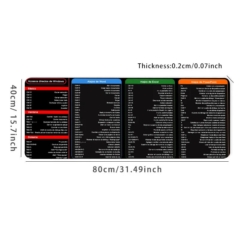 Spanish Excel Shortcuts Pattern Large Mouse Pad Office Desk Mat Computer Keyboard Pad Starters Gift for Office Workers Students