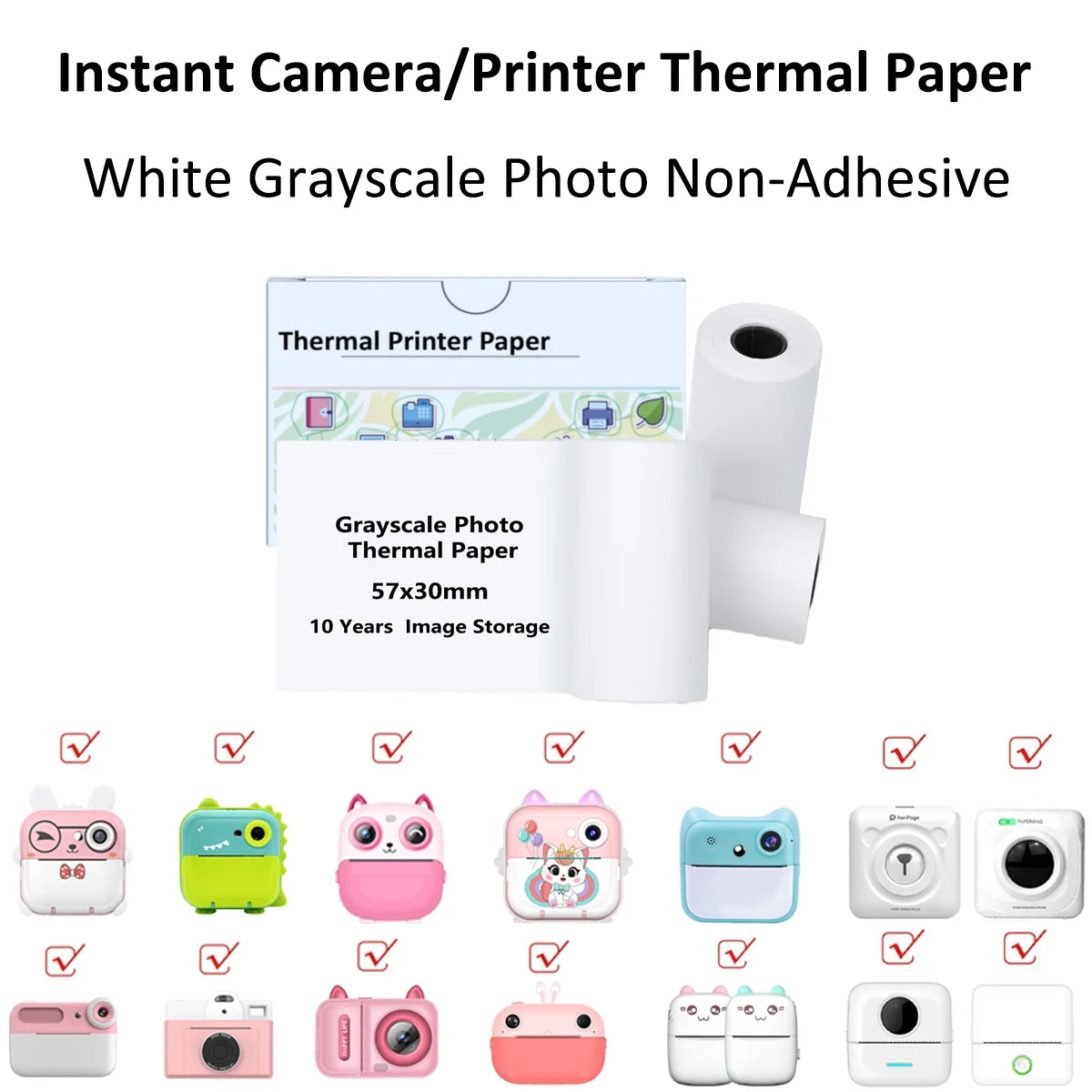 Kids Camera Instant Print Refill for Kids Instant Camera Thermal Printing BPA Free,57x25mm White Non-Adhesive Photo Print Rolls