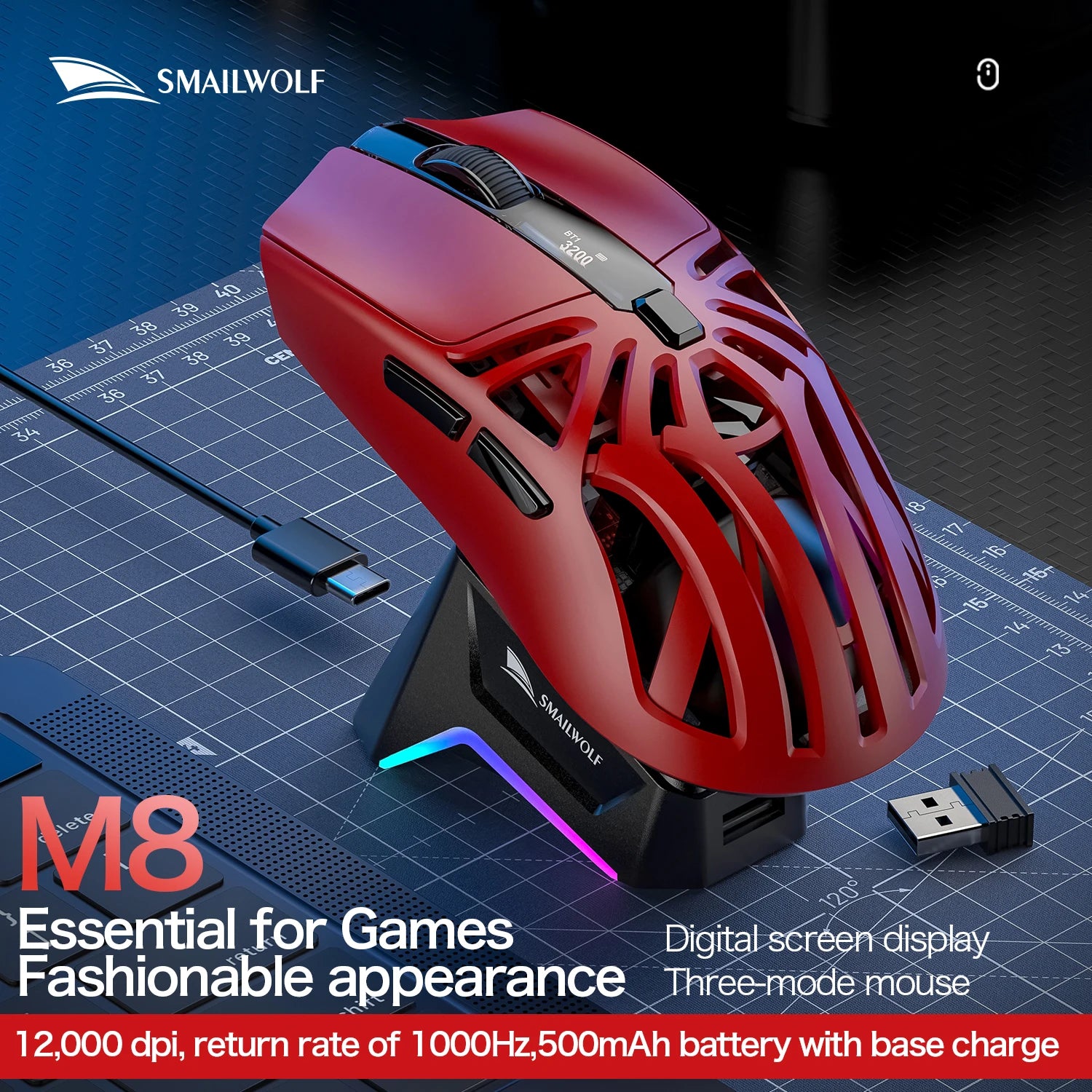 SMAILWOLF RS8  1000Hz Bluetooth mouse, 10000dpi, three-mode connection, lightweight macro gaming mouse notebook computer