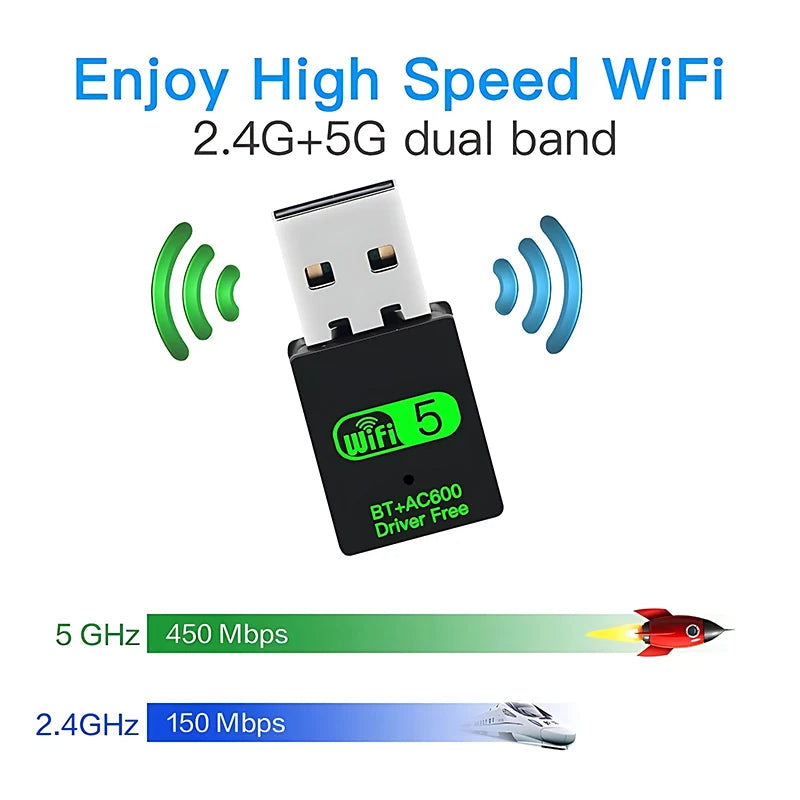 2 IN 1 USB WiFi Bluetooth Adapter 600Mbps 2.4G/5GHz Dual Band Wi-Fi 5 Dongle High-Speed Wireless Network Card Receiver Laptop PC