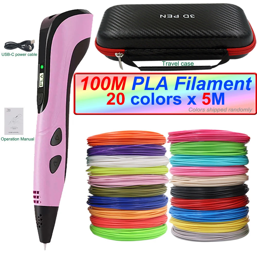 2025 3D Pen Set for Children 3D Printing Pen with LED Screen 100M PLA Power Adapter Travel Box Christmas Birthday Gift for Kids