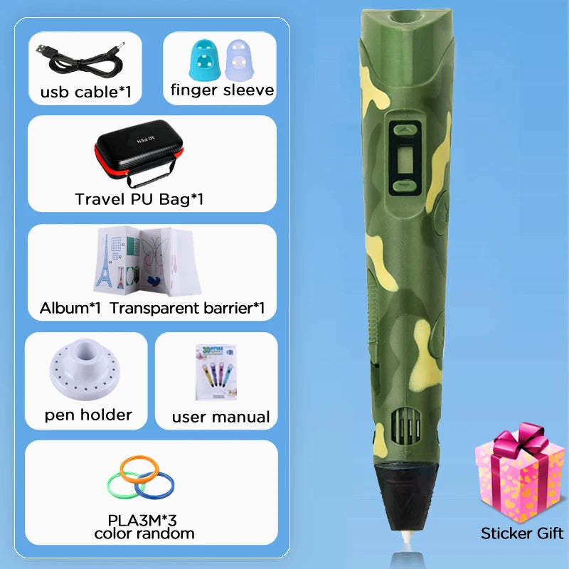 Kids 3D Printing Pen With LCD Screen & Stickers Compatible PLA Filament Safe With 9M PLA Girls Boys Birthday Gift Toys Print Pen