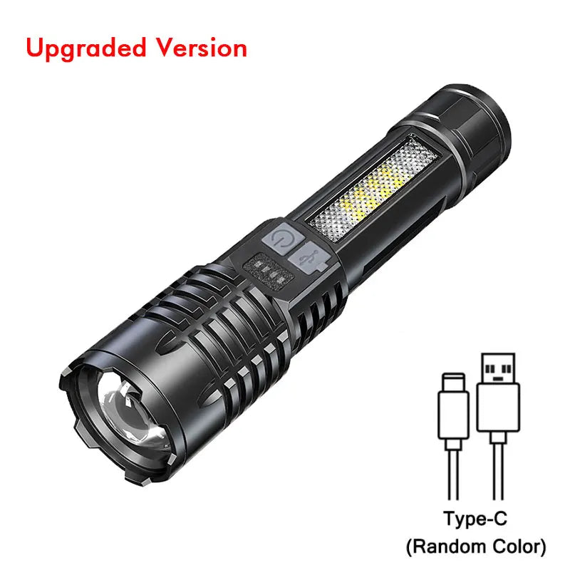 Heinast High Power LED Flashlight Powerful TYPE-C Rechargeable COB Flashlight With Side Light Torch For Outdoor Camping Hiking