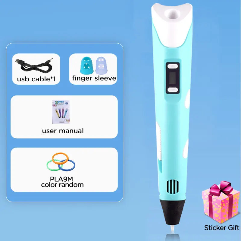 Kids 3D Printing Pen With LCD Screen & Stickers Compatible PLA Filament Safe With 9M PLA Girls Boys Birthday Gift Toys Print Pen