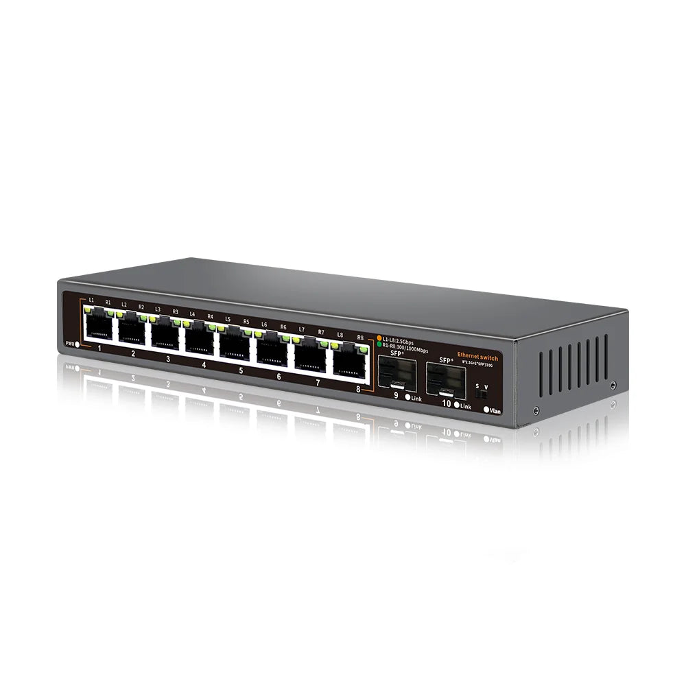 Bullscom 10-Port Network Switch | 8 x 2.5Gb Ethernet + 2 x 10Gb SFP+ | Unmanaged | Plug & Play | High-Speed Connectivity
