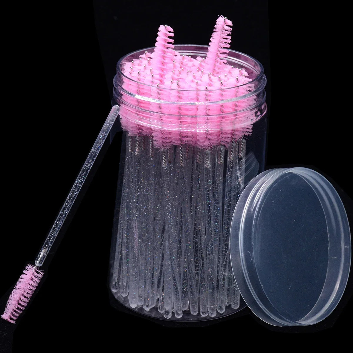 CNKESS 50Pcs/Bottle Disposable Eyelash Extension Mascara Wand Glitter Micro Lash Brushes Spoolie With Container Case Wholesale
