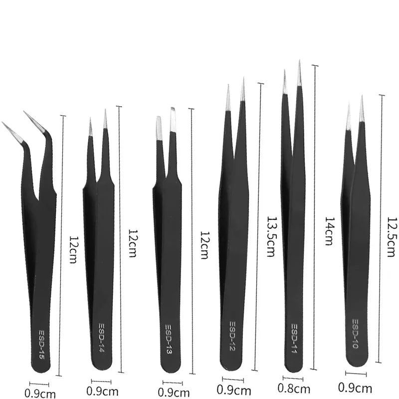 Precision ESD anti-static tweezers set -6-pc durable stainless steel tool for electronic repair and process modeling, bending&St