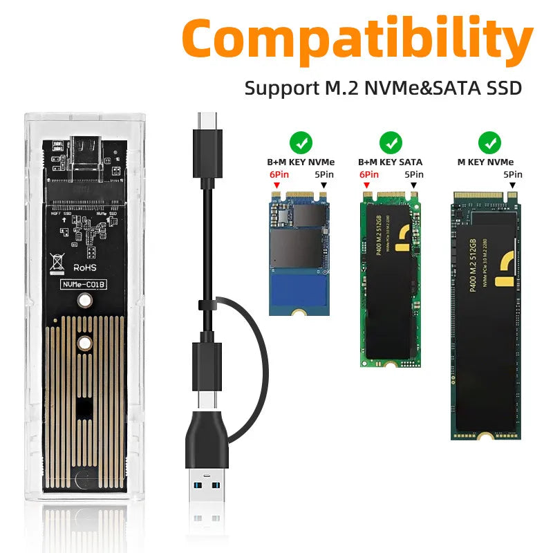 M.2 NVME PCIe NGFF SATA Dual Protocol SSD Case Clear USB Type C 10Gbps PCI-E M2 SSD Transparent External Enclosure Hard Disk Box