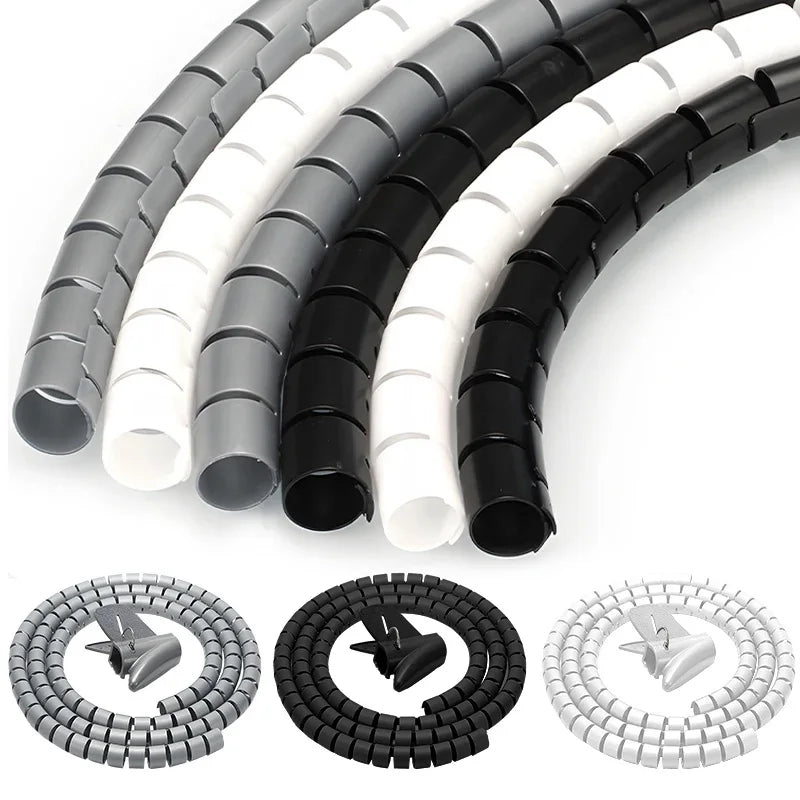 Black Cable Wire Protector Cable Organizer Management Pipe Flexible Wire Wrap Line Coiled Tube Office Cord Sleeve Cover 2M/1.5M