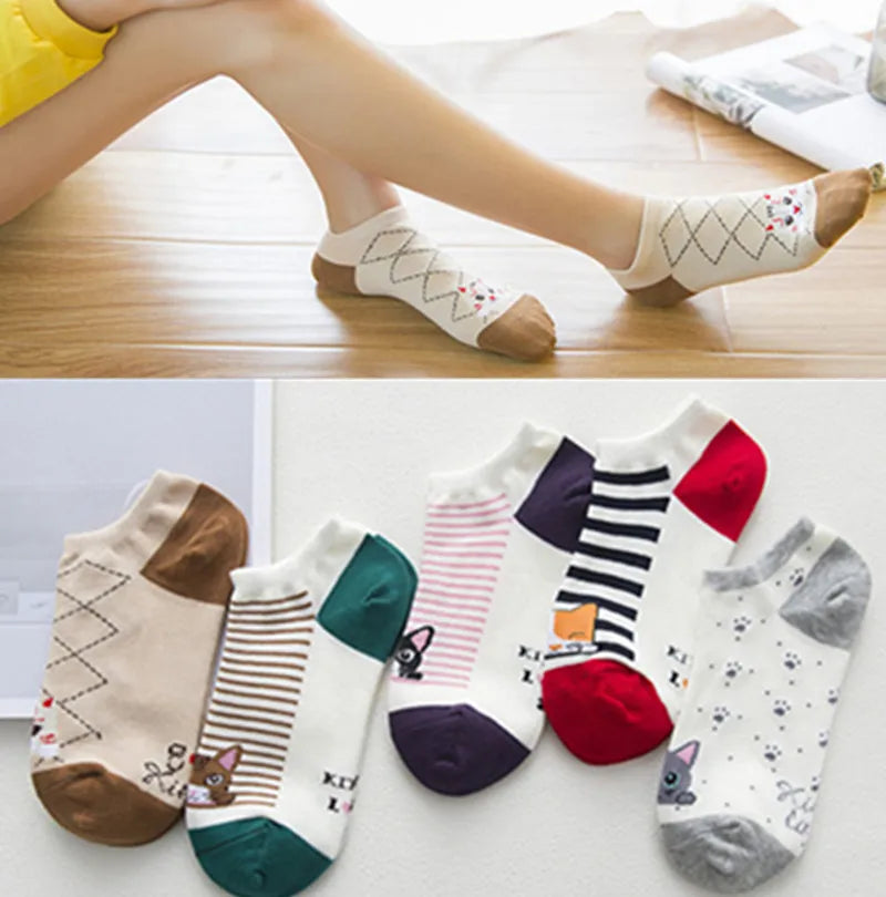 5 Pairs Women Cute Cat Socks Short Ankle Socks Cartoon Animal Kitten Korean Fashion Girls Kawaii Casual Socks Calcetines Mujer