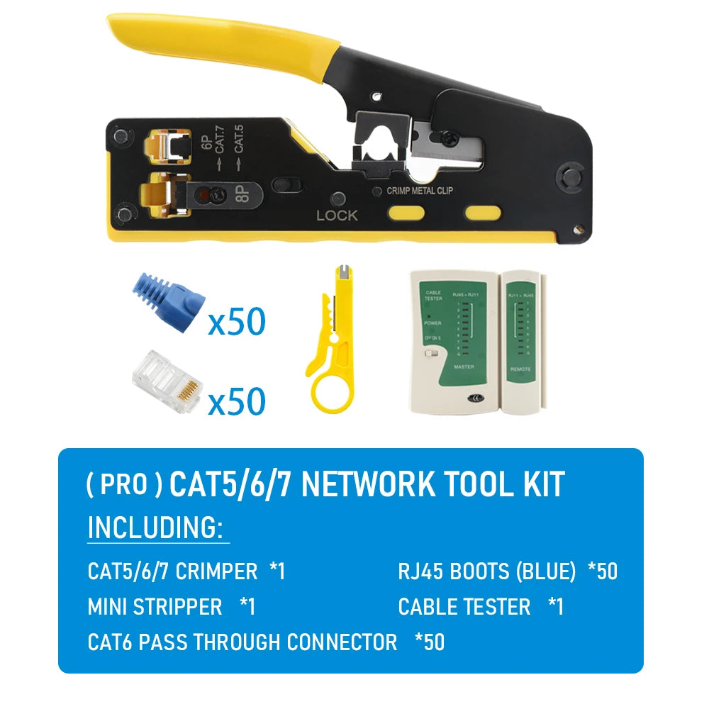Rj45 Rj12 Rj11 Pass Through Crimp Plier Cat7 Cat6 Cat6A Cat5 Cat5e Stripping Crimping Tool with 8P/6P Ethernet Connectors