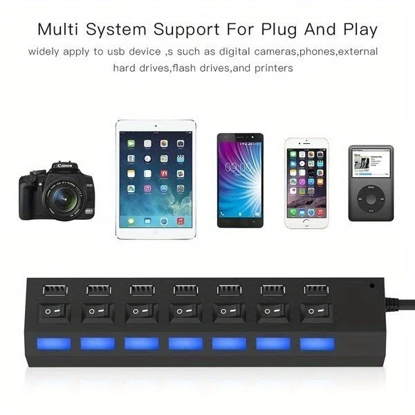 7 Port with LED Light USB 2.0 Adapter Hub with Independent Power on Off for Computers Tablets Laptops Supports Data Transmission