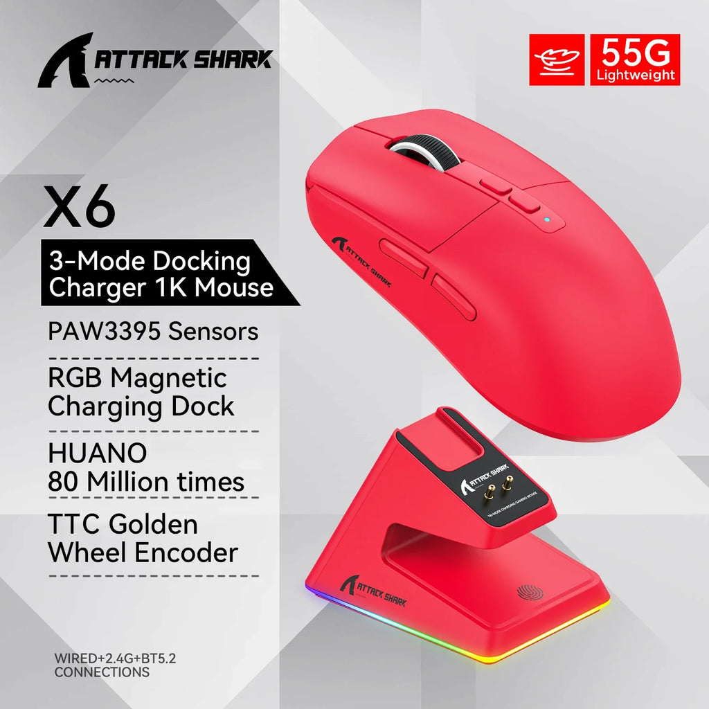 Attack Shark X6 Bluetooth Mouse , PixArt PAW3395, Tri-Mode Connection, RGB Touch Magnetic Charging Base, Macro Gaming Mouse