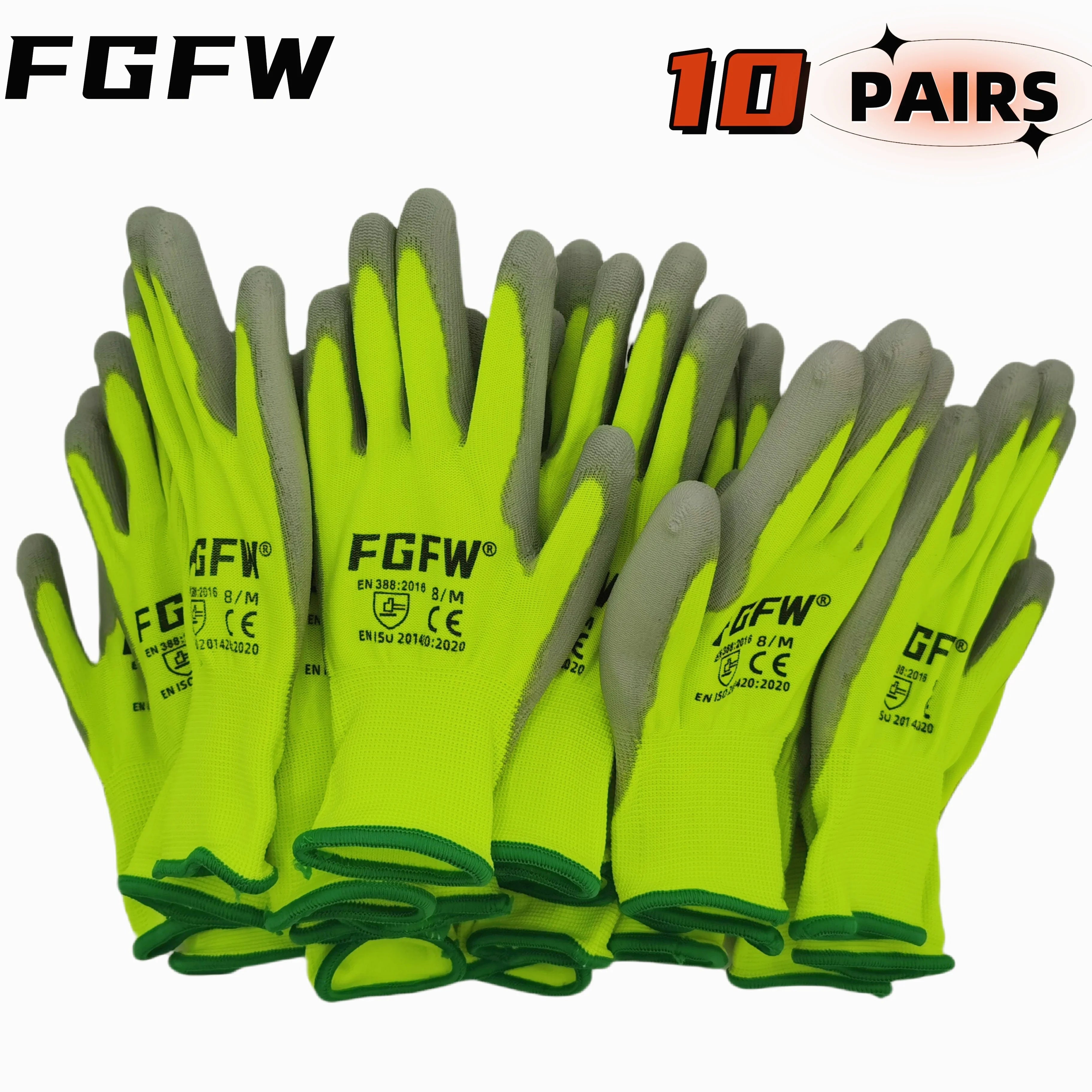 10 Pairs PU Coated Work Gloves - Lightweight, Durable Safety Gloves EN 388/ISO20471 Certified, Sizes S/M/L/XL