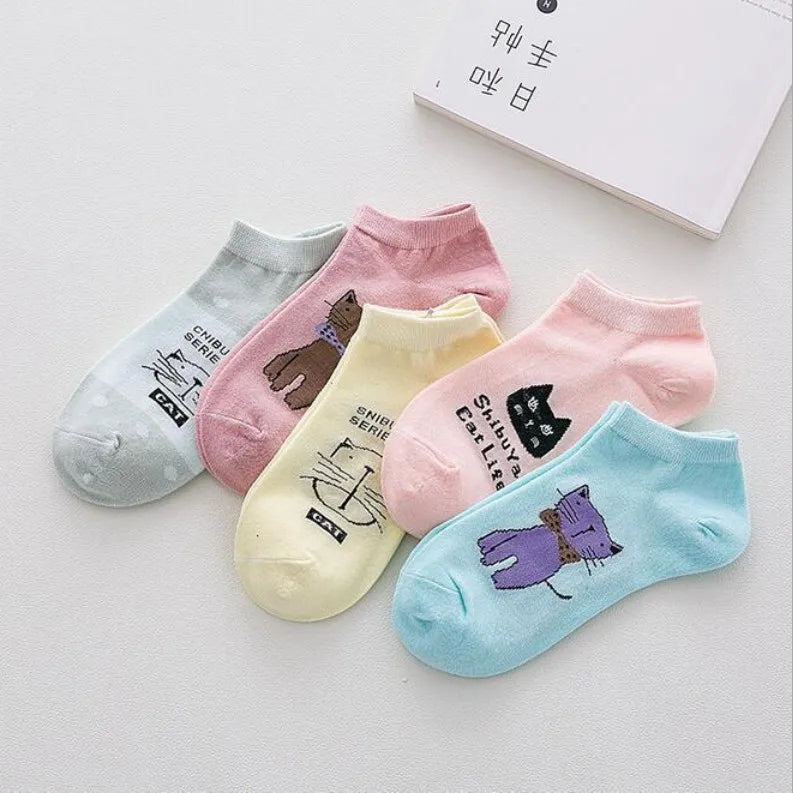 5 Pairs Women Cute Cat Socks Short Ankle Socks Cartoon Animal Kitten Korean Fashion Girls Kawaii Casual Socks Calcetines Mujer