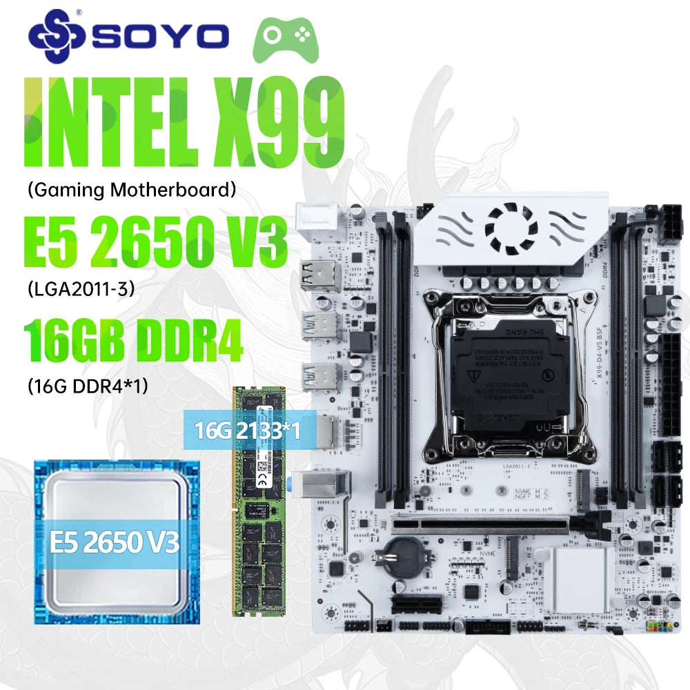 SOYO X99 Gaming Motherboard Kit C612 Chip with E5 2650 V3 CPU & DDR4 16G*1 2133MHz Memory NVME PCIE3.0 SATA3.0 TPM2.0 Interface