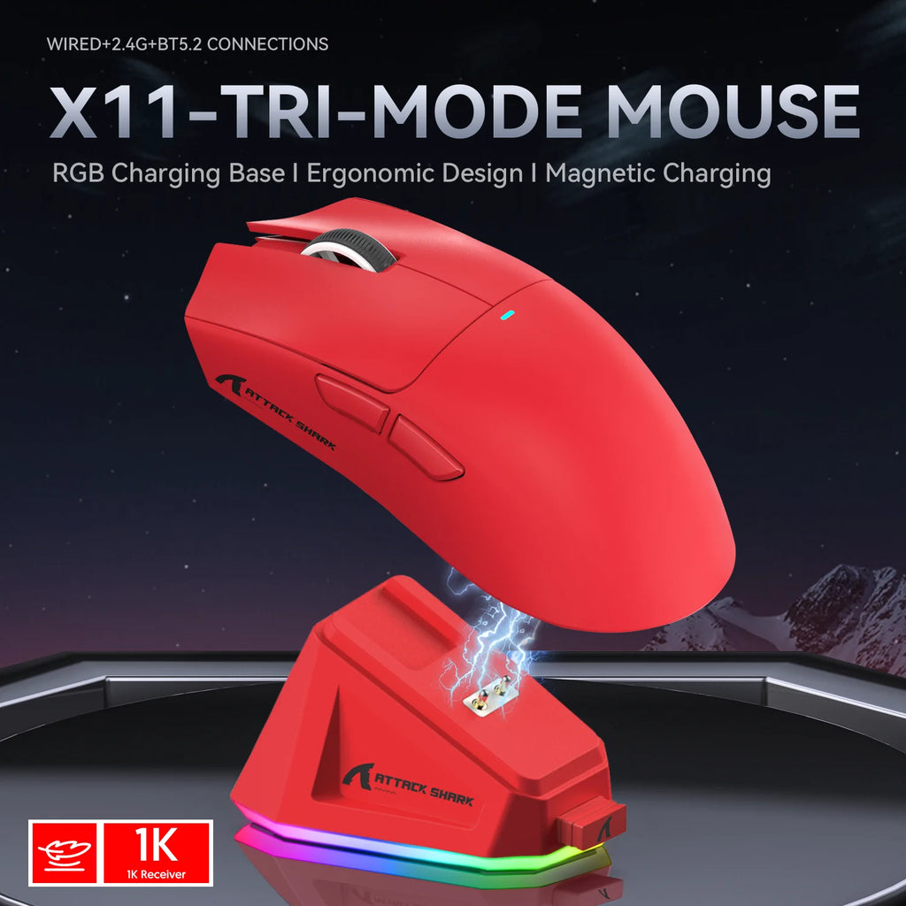 Attack Shark X11 Tri-mode Gaming Mouse with Magnetic Charging Dock, PixArt PAW3311 Sensor, 22K DPI, BT/2.4Ghz/Wired, for PC/MAC