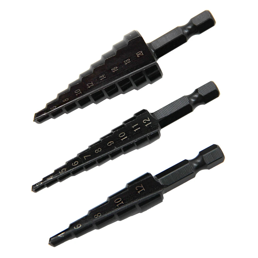 3pc Black Hexagonal Shank Straight Slot Ladder Drill Bit Reaming and Hole Opening Blackened Pagoda Drill Tool Set
